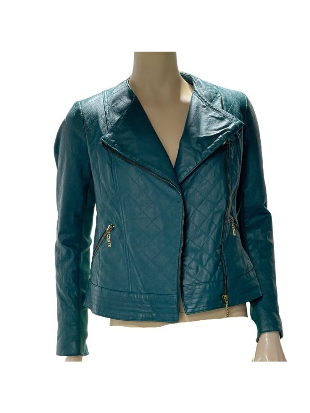 Iman Teal Leather Asymmetrical Moto Jacket XS Zipper Pockets Womens Size Small - Picture 2 of 13